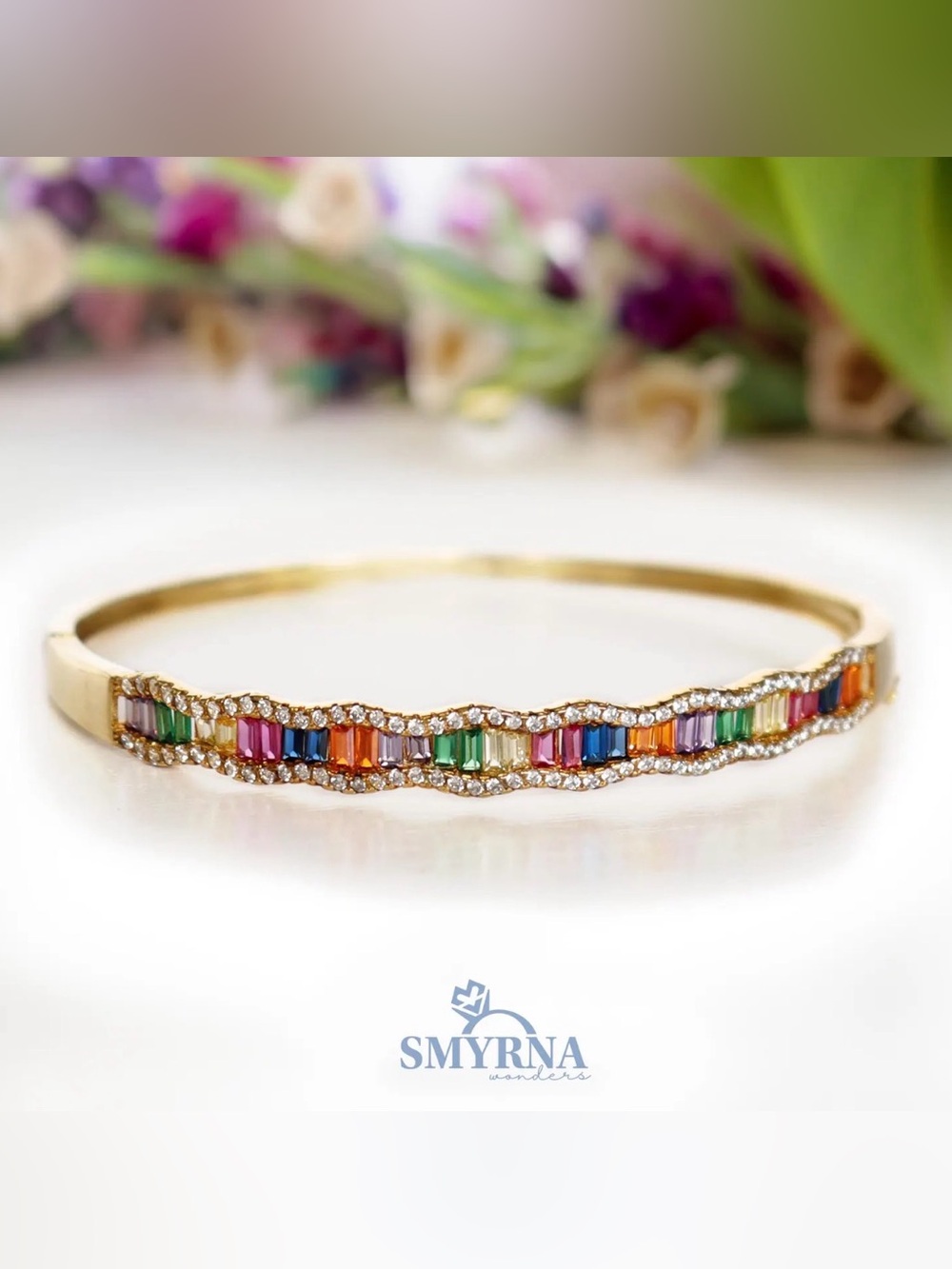 Rainbow Sterling Silver Gold Plated Bracelet – Colorful Cubic Zirconia Bangle